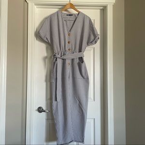 Zara Women’s Short Sleeve Striped Romper with Cuffed Sleeves, Tie Waist